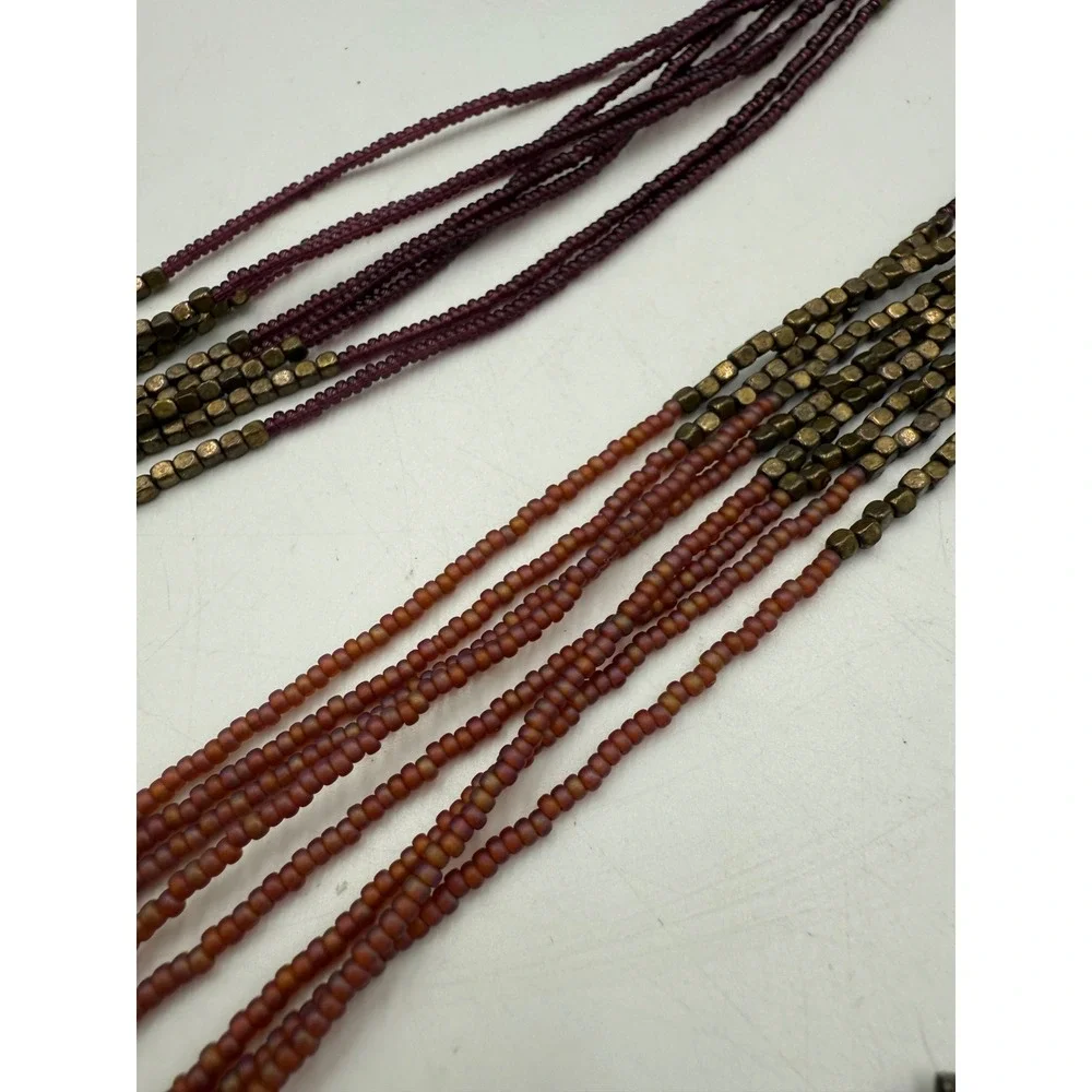 Boho Multi Strand Seed Bead Necklace Ombre Burgundy Terracotta Brass Cube Beads
